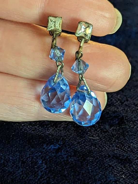 Vintage Art Deco Blue Crystal Drop Earrings - image 2