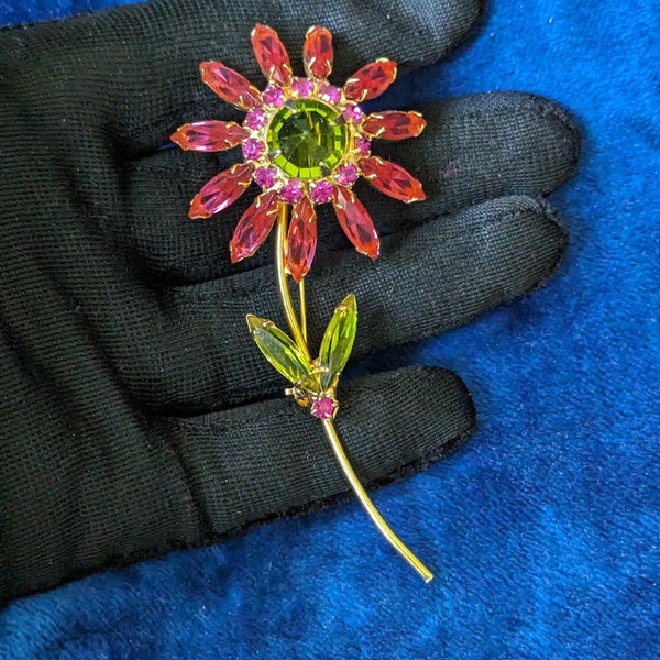 Pretty Melon Pink Rhinestone Flower Brooch Inverted Rhinestone Center