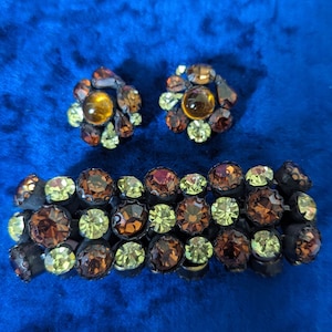 Vintage Root Beer and Yellow Rhinestone Bracelet and Earring Set Attributed to Regency