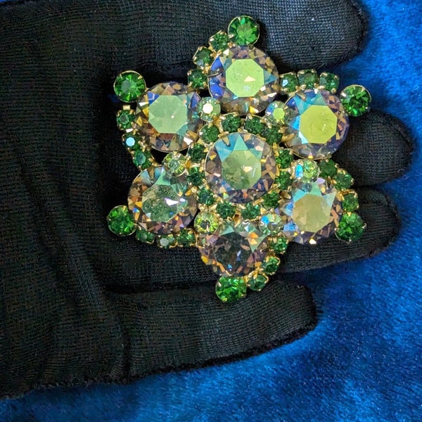 Glittering Vintage Green Rhinestone and Aurora Borealis Brooch