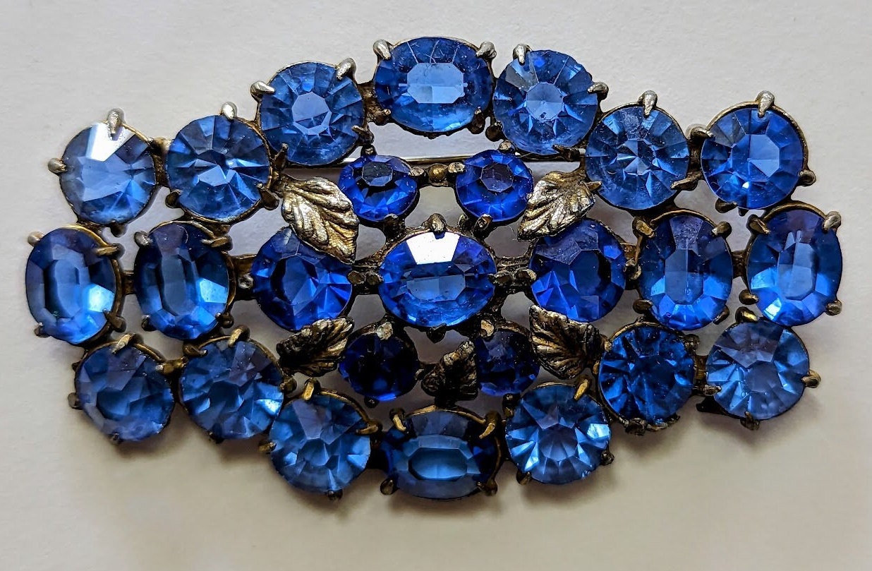 Dramatic Brooch with Peacock Blue Rhinestones, Unfoiled Deep Blue Long Marquis and Red Aurora Borealis