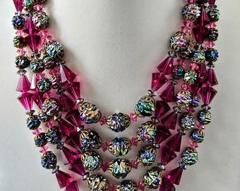 Uncommon Vintage Cranberry and Art Glass Bead Necklace