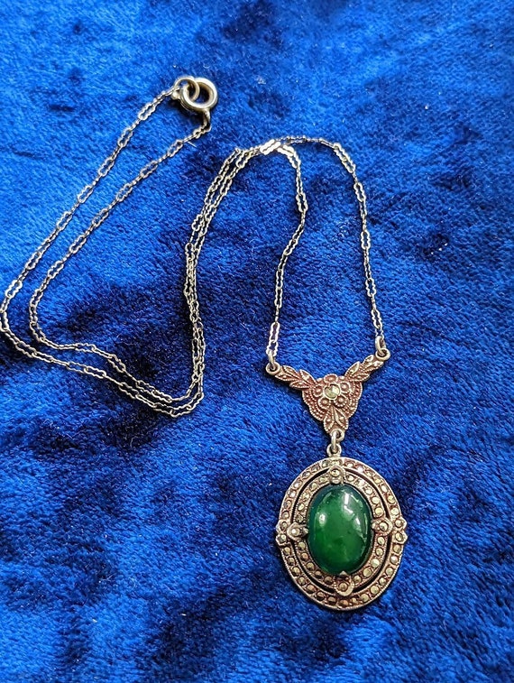 Art Deco Chrysoprase and Marcasite Sterling Neckl… - image 1