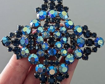 Huge Vintage Rhinestone Cocktail Evening Brooch 2 Shades of Blue