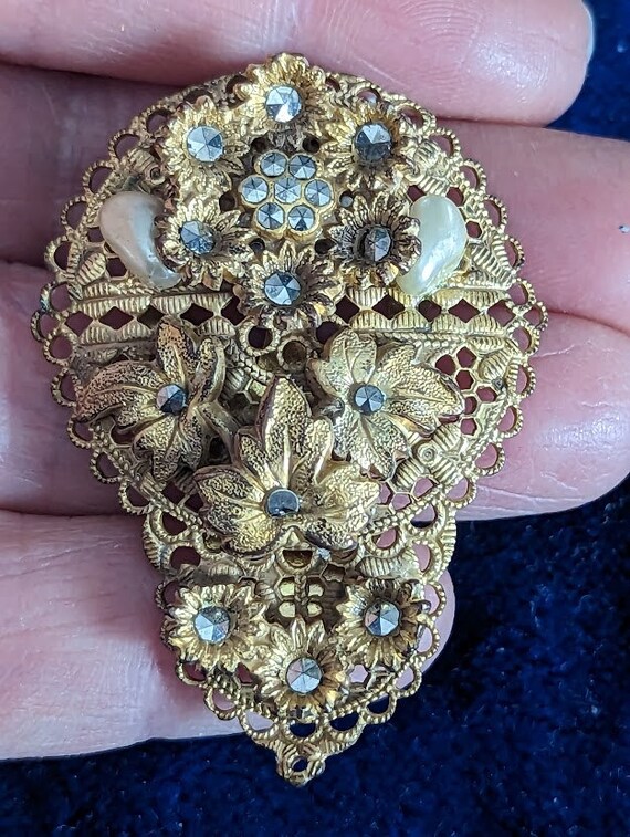 Vintage Filigree Dress Clip with Marcasite and MO… - image 3