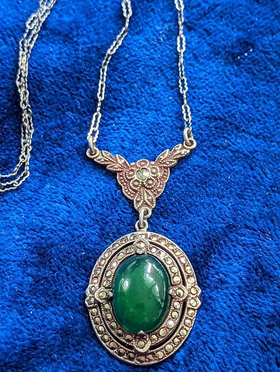 Art Deco Chrysoprase and Marcasite Sterling Neckl… - image 2