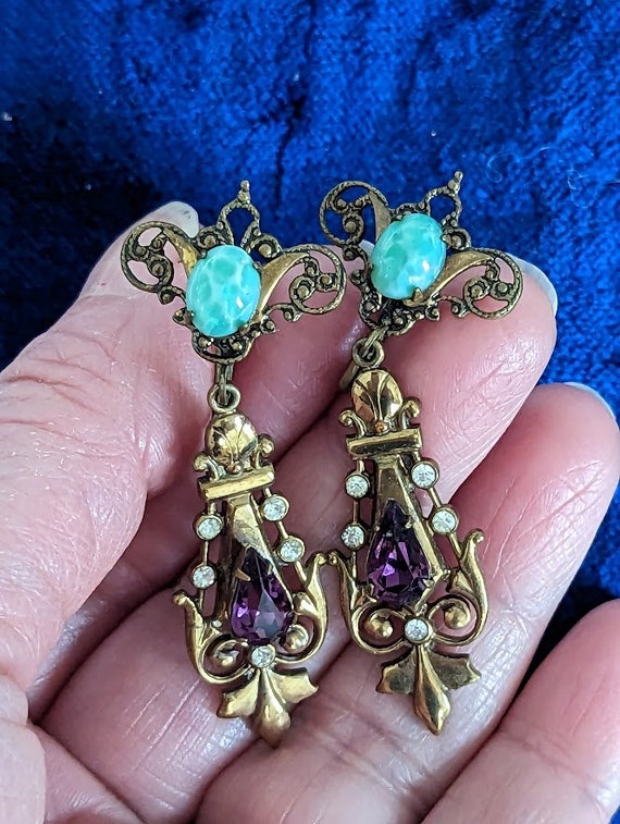 Vintage Drop Earrings with Peking Glass Cabochon,… - image 1