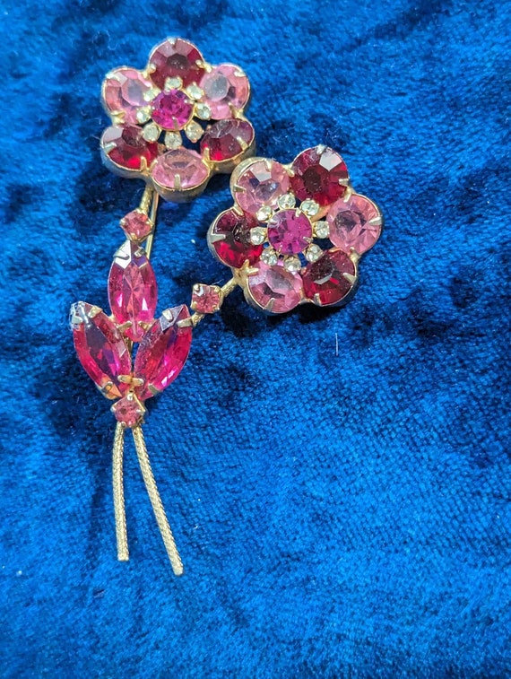 Vintage Pink and Red Rhinestone Flower Brooch