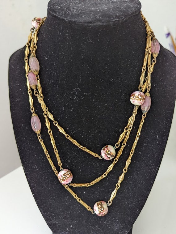 Antique Flapper Beads Brass Links and Pink Art Gla