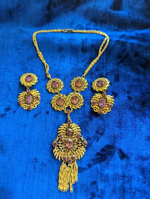 Beautiful 1930's Vintage Brass Filigree and Ameth… - image 1