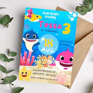 Invito per festa digitale a tema Baby Shark, stampabili per feste a tema Baby Shark, modifica da solo, modello Canva