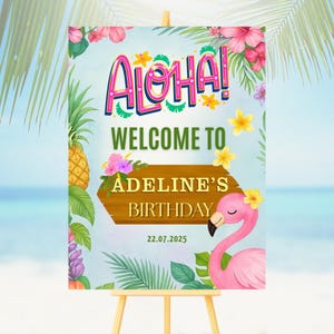 Letrero de bienvenida para fiesta Aloha: Póster editable de flamenco luau (descarga digital, 45,7 x 60,9 cm/60,9 x 91,4 cm)