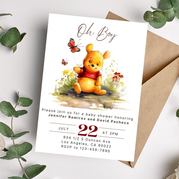 Winnie the Pooh Baby Shower Invitation, Watercolor Winnie The Pooh Invitation, Digital Invitation, Editable Canva