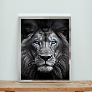 Lion Face Printable Wall Art | Lion With Blue Eyes PRINTABLE ART | Lion Black & White Print | Instant Download Animals Wall Decor