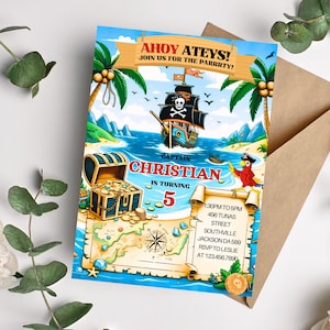 Faire-part d'anniversaire pirate, carte au Trésor, invitation à une fête pirate modifiable, modèle de toile de fête pirate