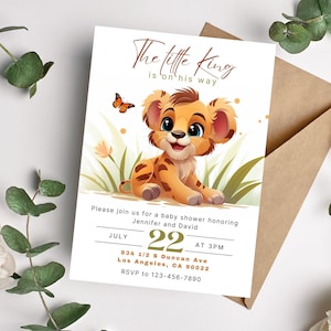 Modelo de convite para chá de bebê do Rei Leão para impressão Convite para festa de chá de bebê do Leão, convite para festa digital, modelo de cartão do Rei Leão