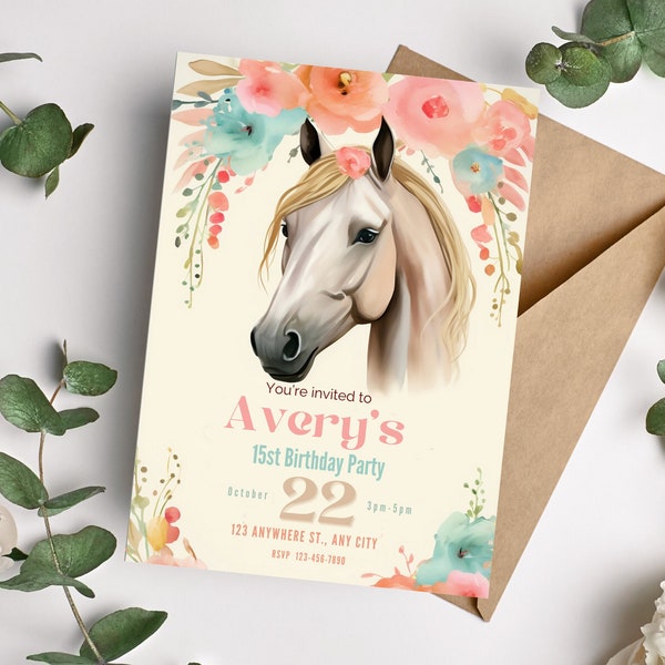 Editable Horse Birthday Invitation Girl Horse Birthday Party, Horse Template Download, Digital File, Canva Template