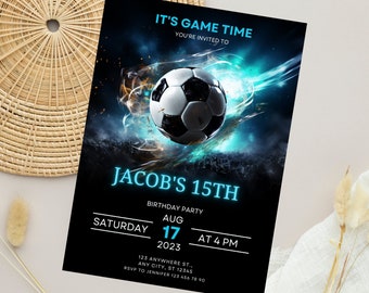 Bearbeitbare Fußball-Geburtstagseinladungsvorlage Fußballparty-Einladung, Fußball-Geburtstag einladen, Kind einladen Jungen-Party, Canva-Vorlage