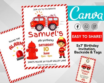 Fire Truck Birthday Invitation, EDITABLE Fire Fighter Birthday Party, Fireman Invitation, Backside & Thank You, INSTANT DOWNLOAD