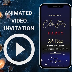 Video-uitnodiging kerstfeest, geanimeerde jaarlijkse feestavond, digitale kerstuitnodigingskaart, smartphone-uitnodiging met muziek
