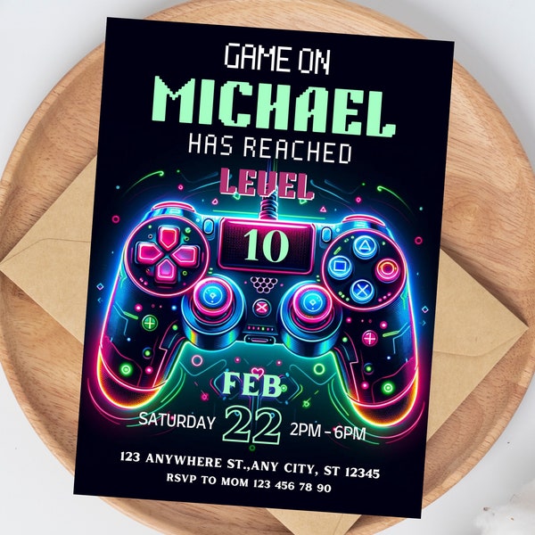 Editable Video Game Party Invitation, Level Up Birthday Invite, Gamer Boy Template, 5x7 Canva Template