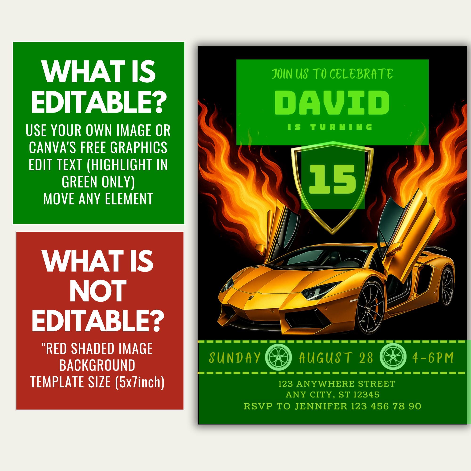 Lamborghini Race Car Birthday Invitation: Canva Template 5x7 (digital ...