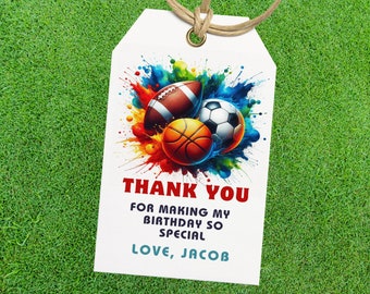 Watercolor Sports Tags, Sports Thank You Tags, Editable Sports Tag, Sports Birthday, Football Favor Tag, Editable, gift tag  baseball tag