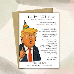 Cartão de aniversário engraçado de Trump para impressão, saudação de paródia sarcástica de Trump, cartão de aniversário político bem-humorado, PDF de aniversário exclusivo de Trump, PNG