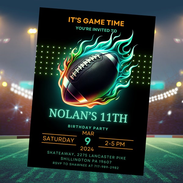 American Football Invitation, Birthday Invites, Sports Party Invite, Sports Theme Party Invitation, Digital File, Canva Template