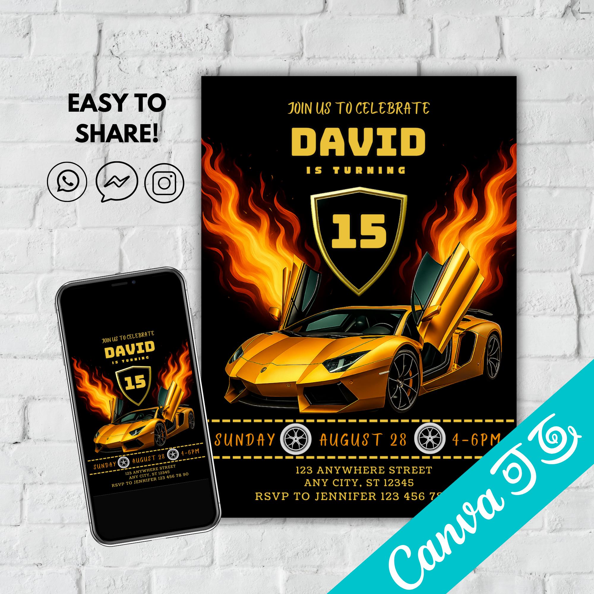 Lamborghini Race Car Birthday Invitation: Canva Template 5x7 (digital ...