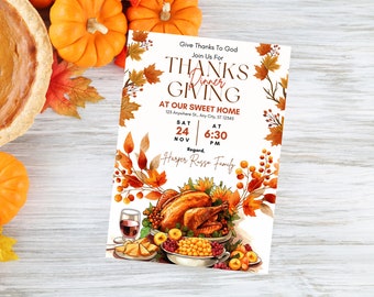 Editable Thanksgiving Invitation Rustic Turkey, Friendsgiving Invitation, Printable Template, Canva Template