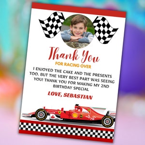 Bewerkbare raceautobedankkaarten, fotobedankkaart, rode raceauto Two Fast 2, bewerkbare canvassjabloon 5 x 7 inch