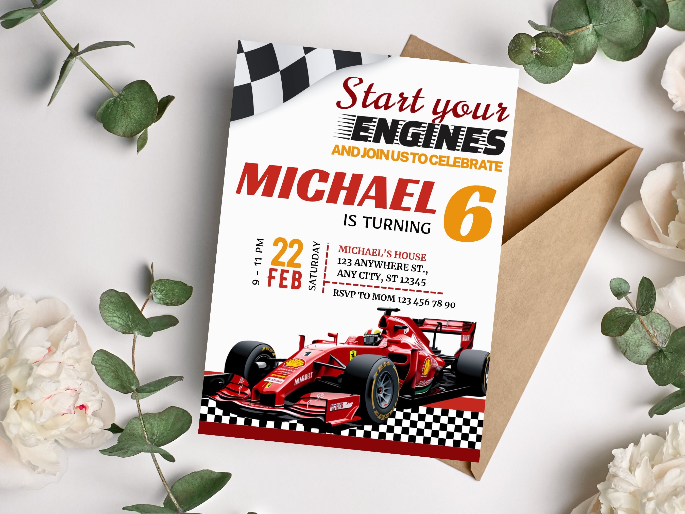 Race Car Birthday Invitation – Editable 5x7 Kids Party Canva Template Digital Download