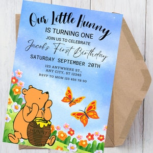 Winnie The Pooh Geburtstagseinladung, bearbeitbare digitale Partyeinladungsvorlage, sofortiger Download Canva-Vorlage