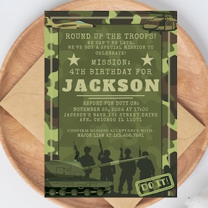 Modèle de toile modifiable d'invitation d'anniversaire de l'armée, invitations de fête militaire, fête d'anniversaire de soldat