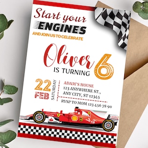 Sjabloon bewerkbare raceauto verjaardagsuitnodiging, afdrukbare raceauto uitnodiging voor feest, jongen rode raceauto uitnodigen, Instant Download