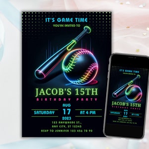 Invito di compleanno modificabile a tema baseball, invito di compleanno a tema baseball al neon, invito per festa sportiva, file digitale modificabile, download immediato
