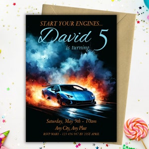 Modèle modifiable d'invitation d'anniversaire de voiture de sport, voiture de course bleue fête Evite, invitation d'anniversaire numérique de voiture de course de garçons, inviter de voitures de sport