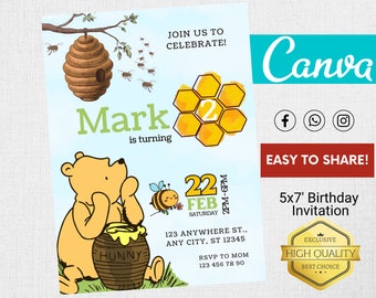 Winnie The Pooh Birthday Invitation, Winnie the Pooh Birthday Invite, Kids Birthday Invitation Template Editable-Printable, Canva Template