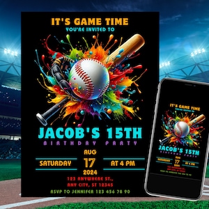 Invito di compleanno di baseball modificabile, inviti di baseball, inviti di baseball con download immediato, modello Canva