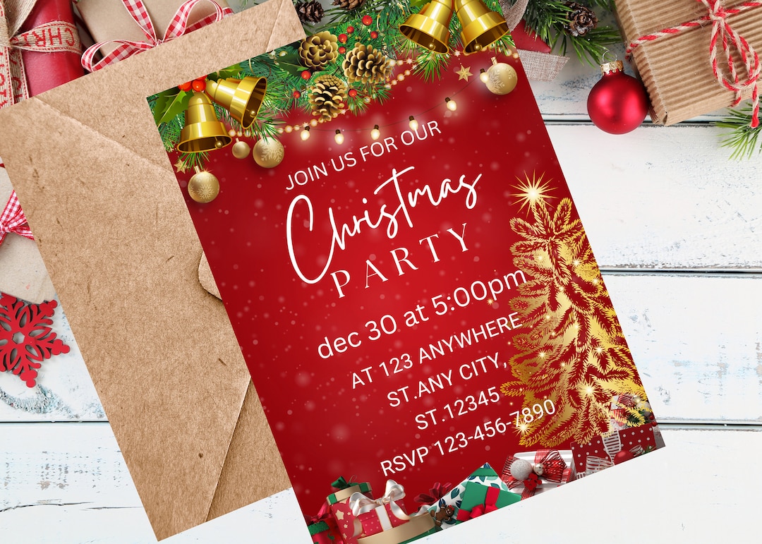 Red Christmas Party Invitation, Holiday Party Invitation, Christmas Party Invite, Christmas 