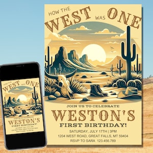 Western Cowboy First Birthday Invitation: Wild West Canva Template (5x7 inch) (Digital Download)