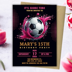 Rosa Mädchen Fußball-Geburtstags-Einladung Vorlage, Druckbare Geburtstags-Party Einladungen, Digitale Fußball-Party einladen für Mädchen, 5x7, Canva