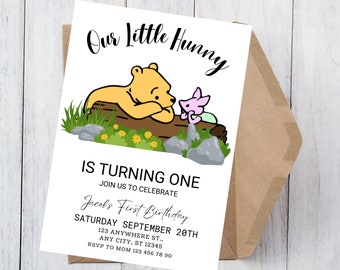 Winnie The Pooh Birthday Invitation Digital Birthday Invite, Classic Winnie the Pooh Birthday Invite, Little Honey, Canva Template
