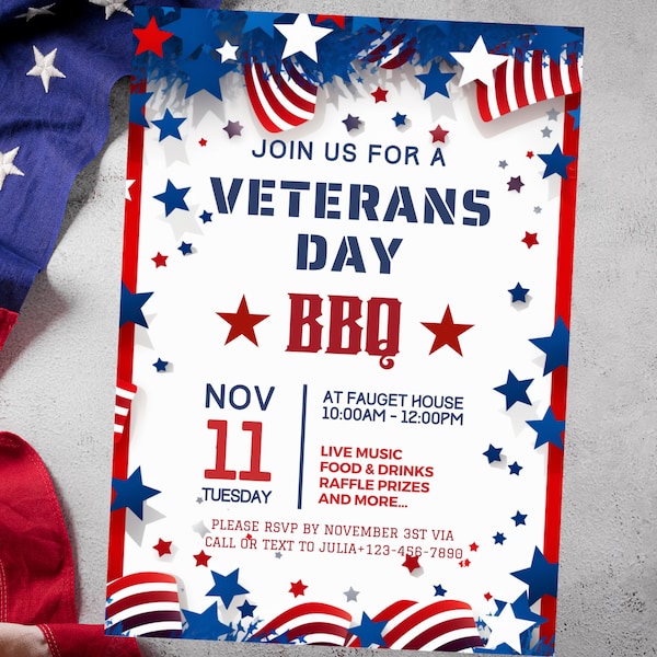 Editable Veterans Party Invitation November 11 Celebration, Veterans Day Invitation Vet Cookout Celebration, BBQ Party Canva Template, 5x7"