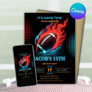 Modèle de toile d'invitation anniversaire football modifiable, 5 x 7, invitation à une fête de sport, téléchargement numérique, thème football pour garçons adolescents