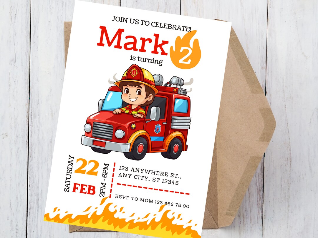 Firetruck Birthday Invitation: Editable Fireman Party Invite (digital ...