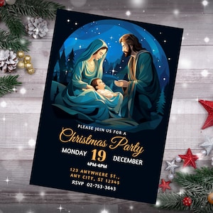 Faire-part de Noël modifiable pour la Nativité : invitation à une fête à l&#39;église (téléchargement numérique)