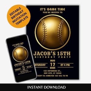 Luxus Baseball Geburtstagseinladung Canva Vorlage, Gold Sport Party einladen, 5x7 bearbeitbar, Teen Boy, Schwarz und Gold Thema