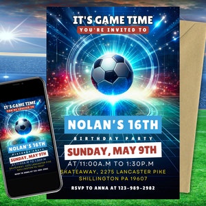 Editable Soccer Birthday Invitation Card Template, Football Invitation Soccer Birthday Card Template, Editable in Canva